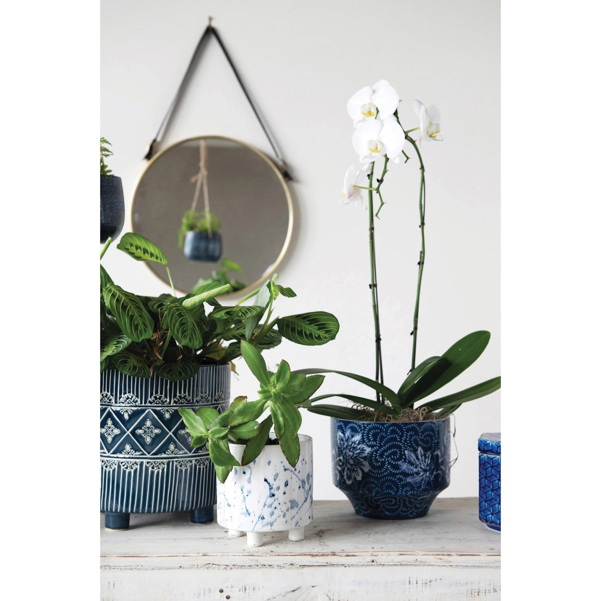 Stoneware Footed Planter with Splatter Design, White & Blue